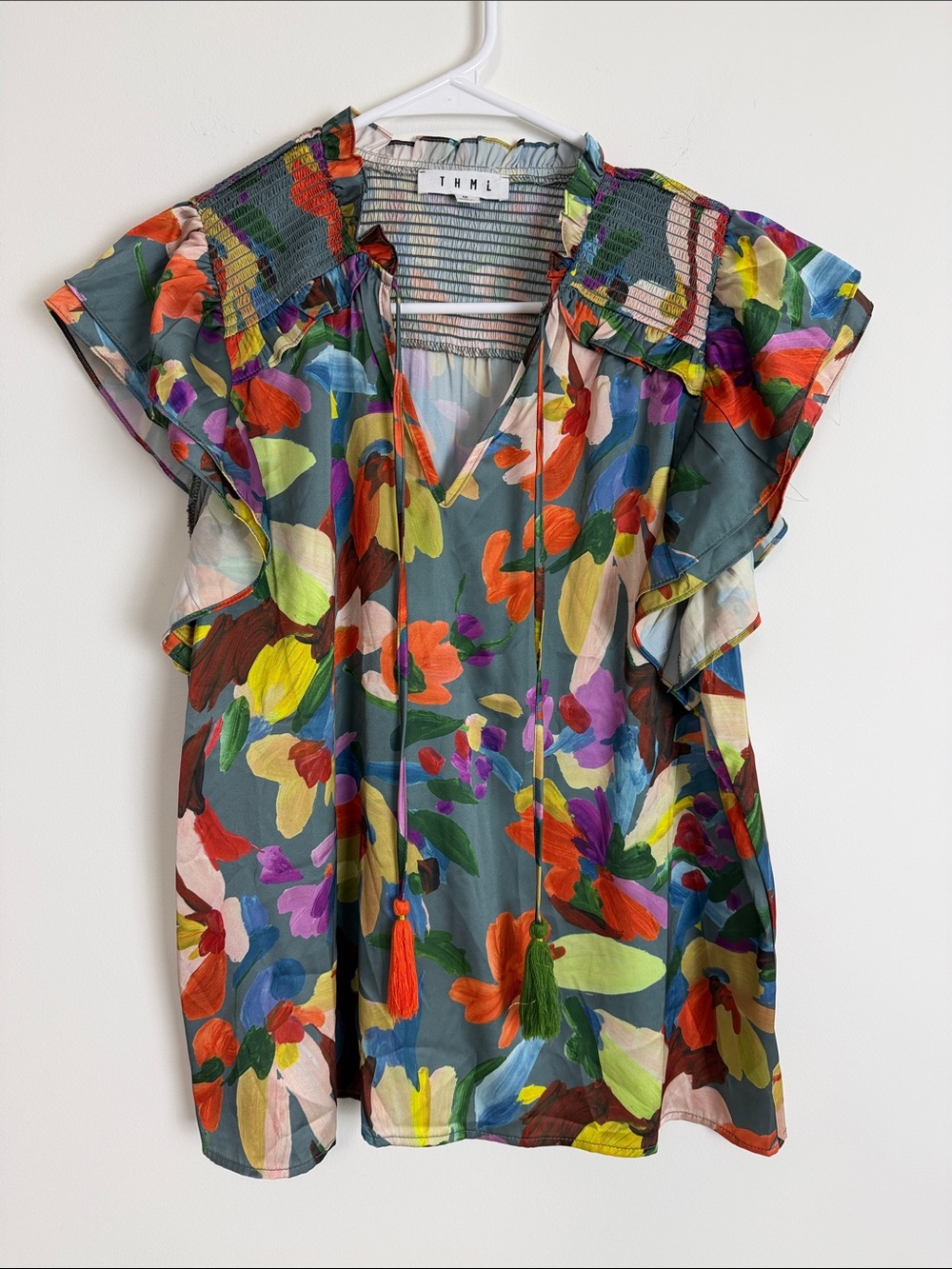 THML Multicolor Floral Tassel V-Neck Blouse